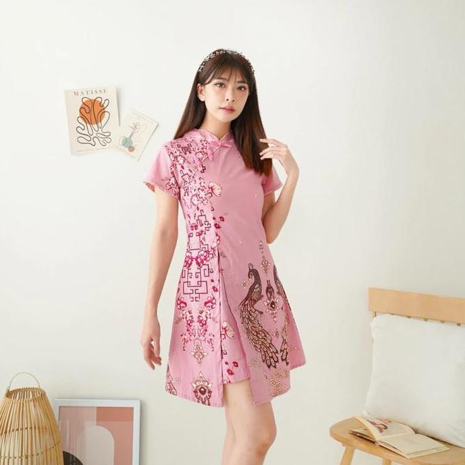 Dress Batik Cheongsam Warna Soft Pink Dres Katun Baju Wanita Natal Imlek