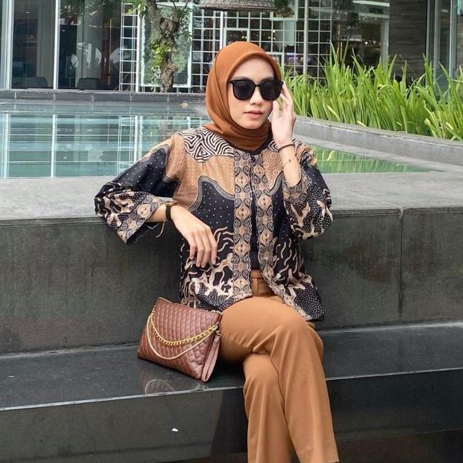 BATIK TRUSMI Outer Batik Wanita Motif Abstrak Kombinasi Aima Coklat Muslim Panjang Tunik Baju Atasan