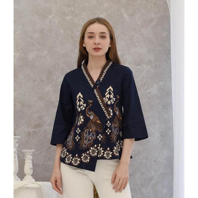 Baju Atasan / Blouse Batik Wanita Kimono Navy Biru Tua Lengan Panjang