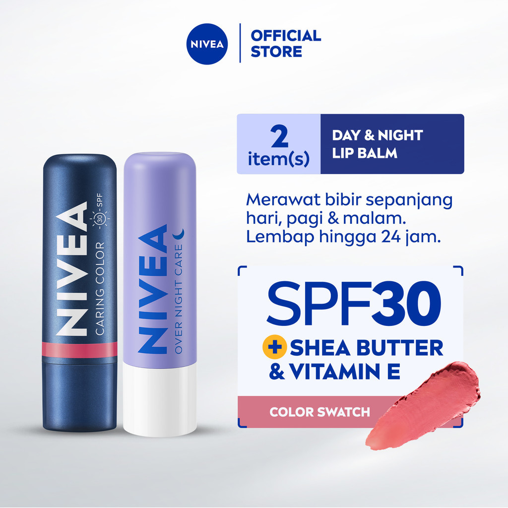 NIVEA Lip Balm Color Day & Night Care Rose + Overnight 2 x 4.8gr - Perawatan bibir sepanjang hari un