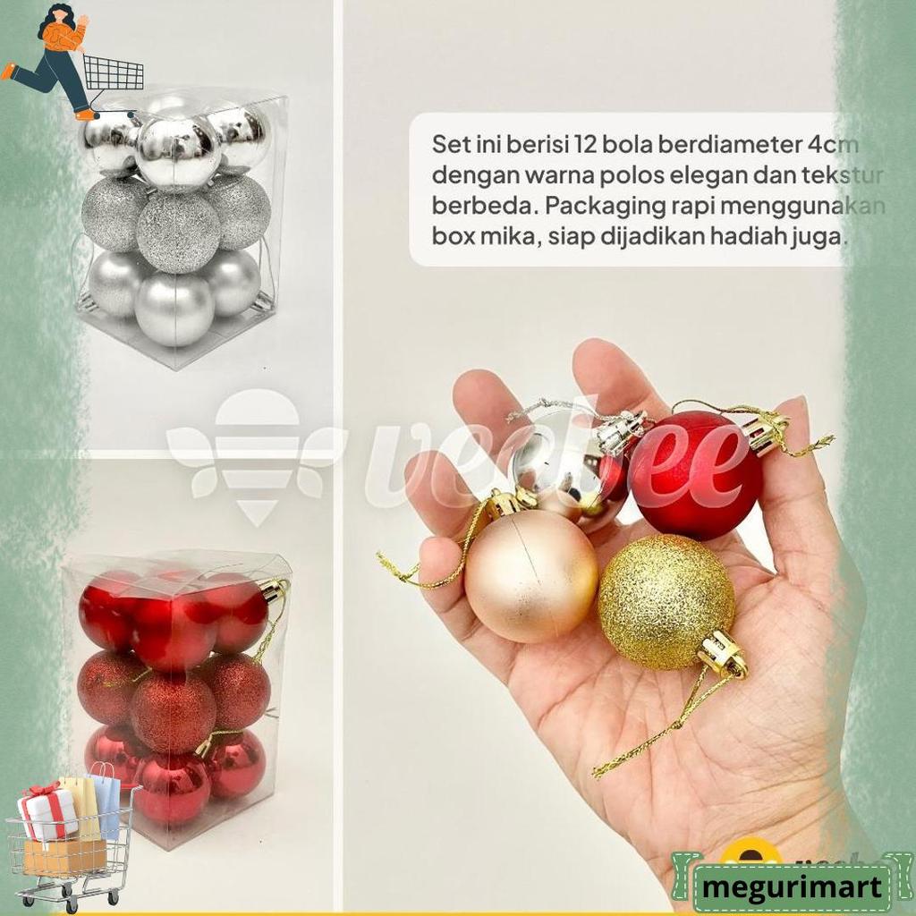 COD Bola Natal Plastik 4cm Isi 12pcs (V24) | Hiasan Pohon Natal | Christmas Ornament | Bola Dekorasi