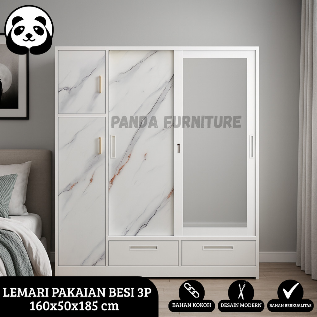 PROMO LEMARI PAKAIAN BESI 2P SLIDING + 1 PINTU RAK - PINTU TARIK PENYIMPANAN JILBAB / LEMARI PAKAIAN