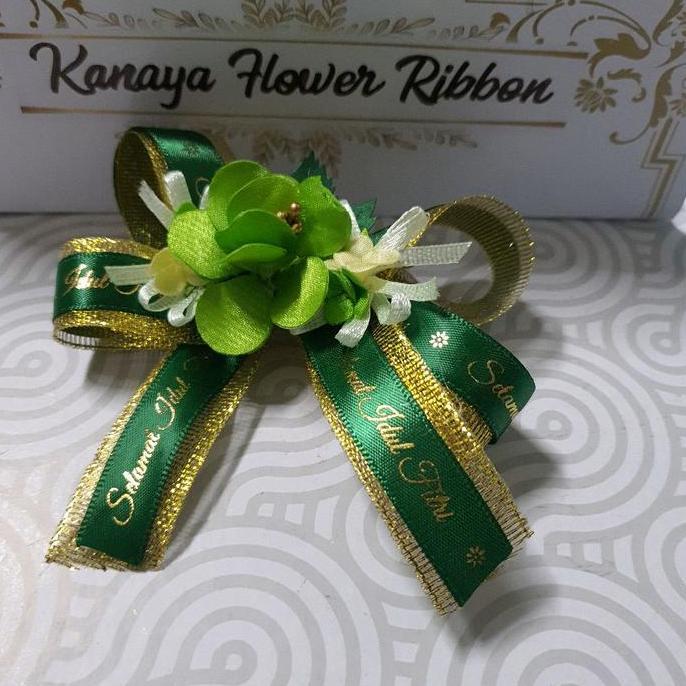 pita lebaran hijau daun printing kombinasi pita emas dan bunga triple