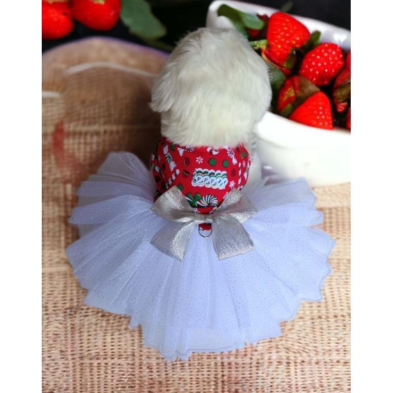 NEW BUNYI LONCENG Baju Dress Katun Merah Hijau Motif Natal Rok Tutu Tile Gliter Susun Tingkat Pita K