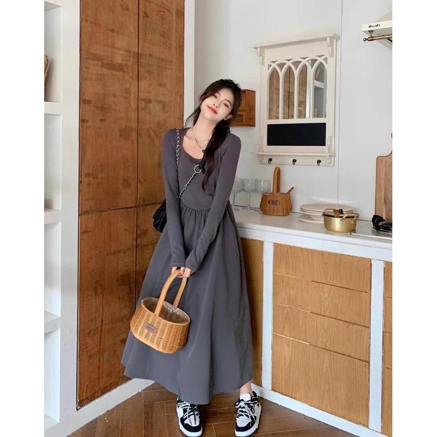 Long Dress Kasual Hijab Friendly Lengan Panjang Slim Fit, Gaya Simple Elegan Dress Retro Dress Chic 
