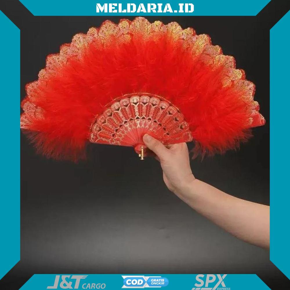 Kipas Tangan Lipat Bulu / Kipas Tari Merah Bulu / Kipas Lipat Tari Bulu Pentas - RO30-0512 2025 Bisa