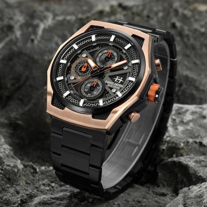 Buy 1 Get 1  Evans Jayden Jam Tangan Pria EJ 9585 Rantai Stainless Steel Chronograph Kaca Sapphire W