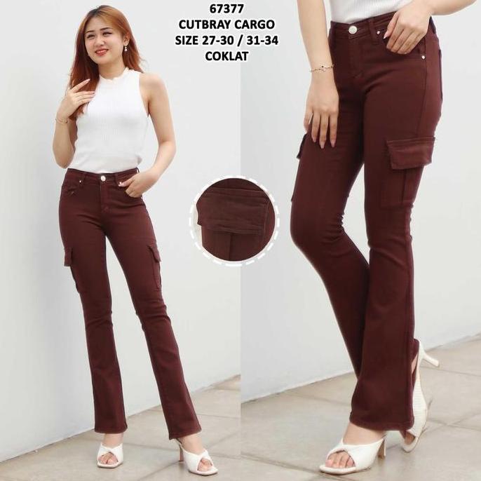 Celana Jeans Cutbray Cargo Warna Coklat Wanita Panjang Cewek Hitam Denim