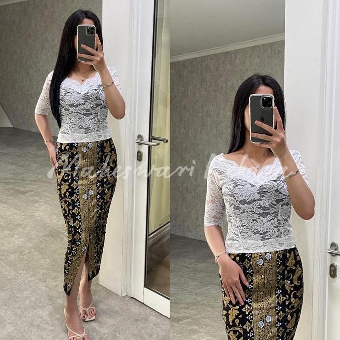 Kebaya Bali Brukat Sabrina Lengan Pendek Putih