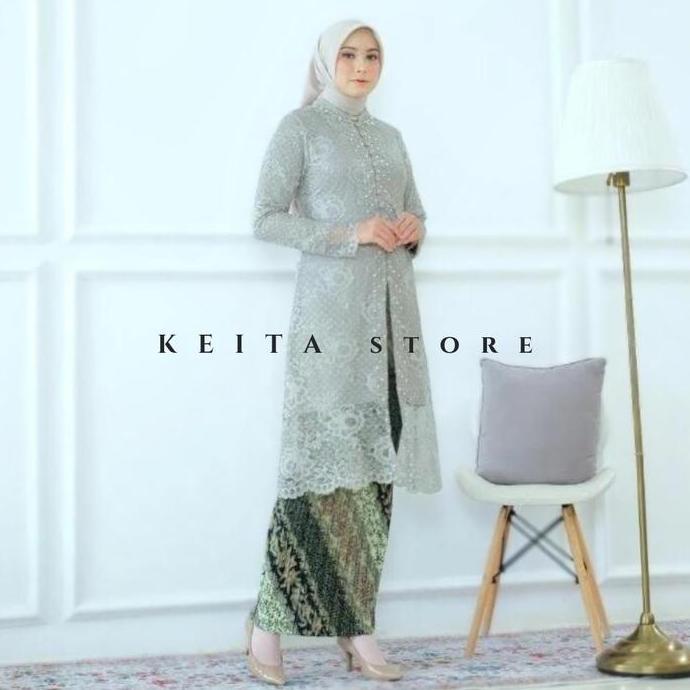 Setelan Kebaya Brukat Wanita Mewah Model Tunik Susanti Kancing Depan Payet untuk Pesta Kondangan