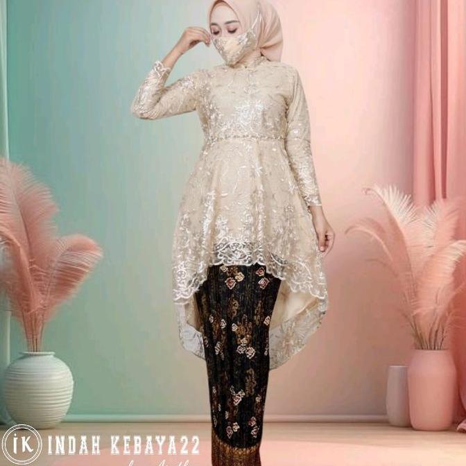 Setelan Baju Kebaya Tunik Elegan Modern Lesti Brokat Tile Payet Bordir Mutiara Atasan Dress Natal Wa