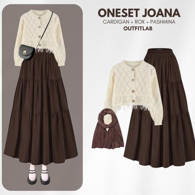 Joana Outfit Set Wanita Kekinian ( Cardigan Rajut Rawis + Rok Susun Hyget Brown + Pashmina Jersey ) 
