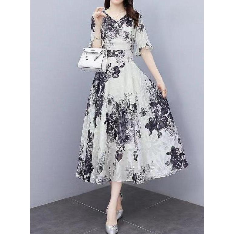 Midi Dress Gaun Sifon Jacquard Tinggi Korea Slim Casual Floral Bahan