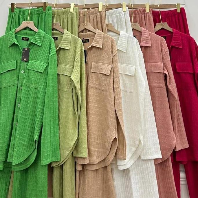 Terpopuler- Oneset/ Setelan Atasan  Kemeja Celana Cleo Series Polos Panjang (Rgb) Wanita