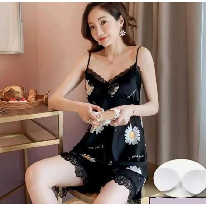 Terpopuler- Jc- Set Tank Satin Lace Import / Baju Tidur Tanktop Import / Set Piyama Kensi Satin Impo