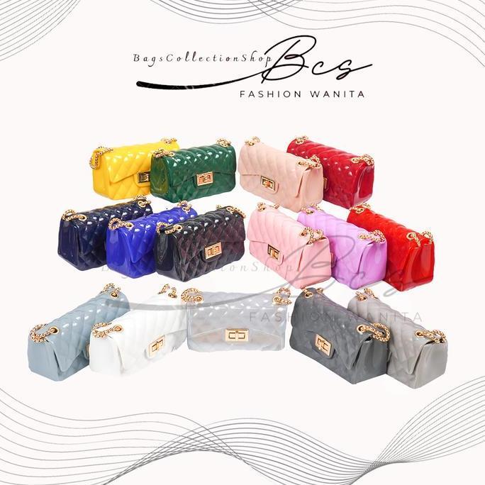 Key- Tas Selempang Jelly Glossy 22 Cm Rantai Emas Wanita Slingbag