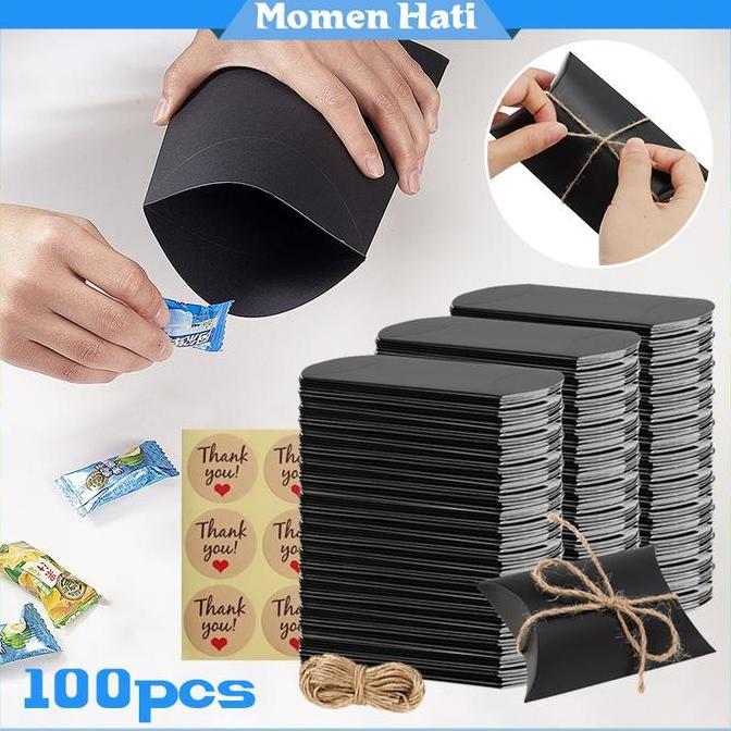 VEXANAF 100Pcs Kotak Kado Pillow Box Besar Bantal Kotak Box Packaging Dengan Tali Rami Dan Stiker