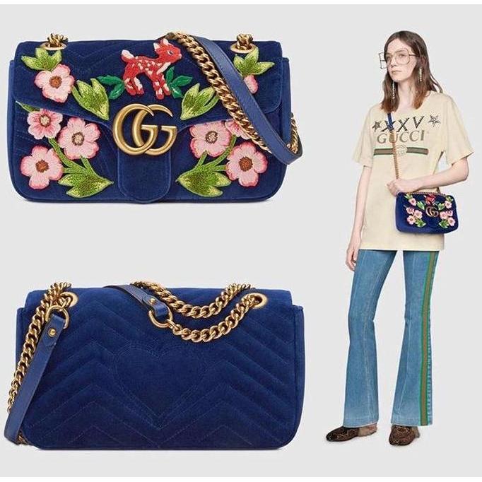 GUCCI Small GG Marmont Shoulder Bag in Cobalt Blue with Floral Embroid