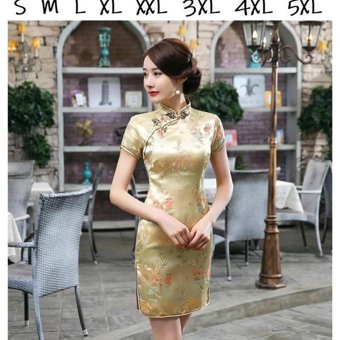 Mini dress qipao cheongsam ceongsam zhongsan imlek gold kuning emas