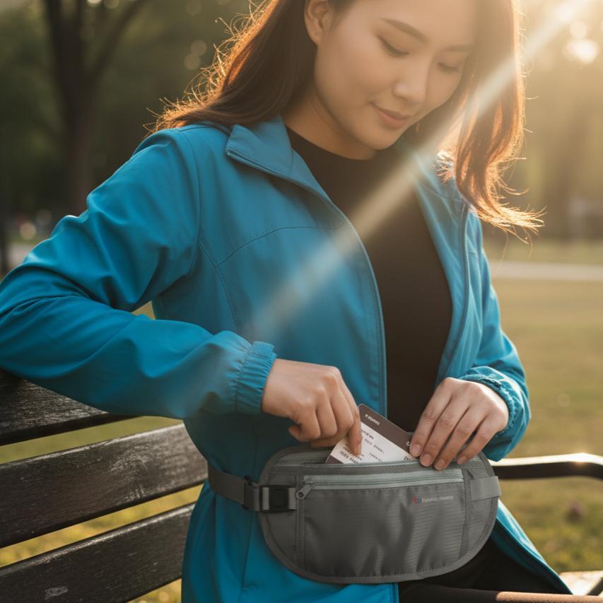 diskon` comfort journey tas pinggang tipis hp anti maling travel hidden pouch slim waist bag di bali