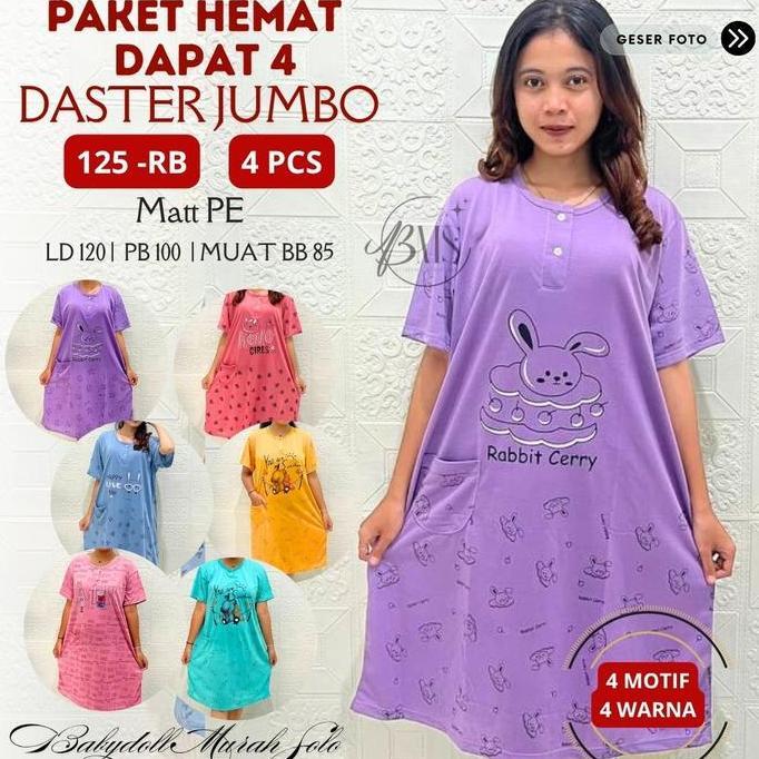 Dapat 4 Pcs Daster Jumbo Baju Tidur Wanita LD 120cm, Muat BB 85kg, Bahan Kaos-Babydoll Murah Solo Bu