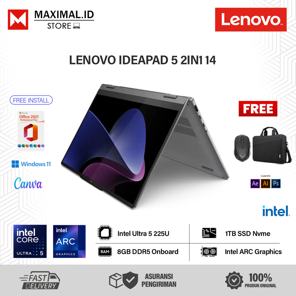 Laptop Baru 2in1 Lenovo ideapad 5 Intel Ultra 5 225U 8GB DDR5 1TB SSD Touchscreen IPS W11 Home