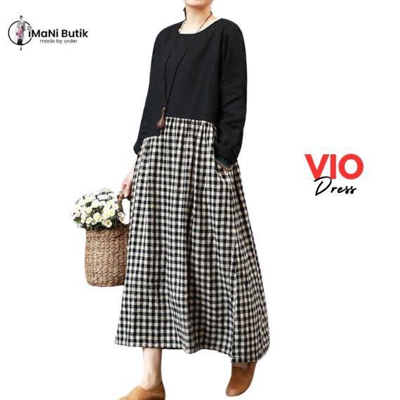 Imani Butik | Dress Vio Fashion Muslim Wanita Model Polos Bahan Katun Formal Hitam Kotak Linen Zippe