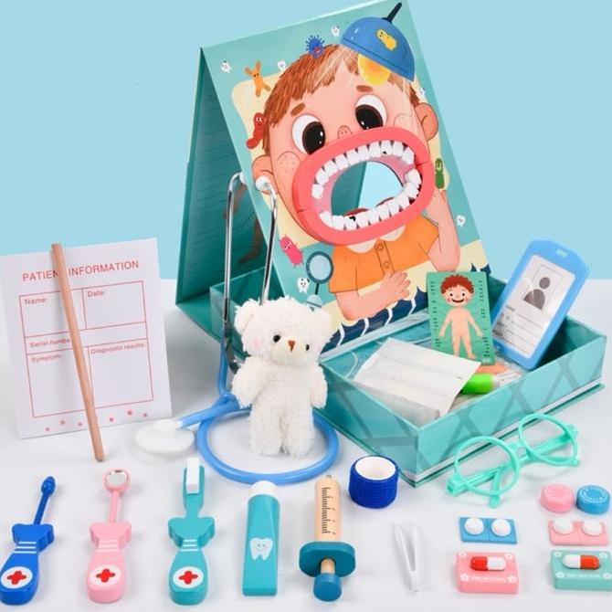 Wooden Dentist Doctor Set Pretend Play Toys Mainan Dokter Gi Anak