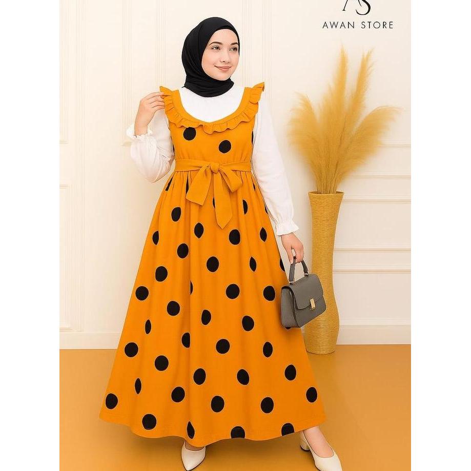 GAMIS  MUSLIMA WANITA REMPEL DADA JUMBO Motif Polkadot Kancing Muslim Casual Dress Panjang Maxi Baha
