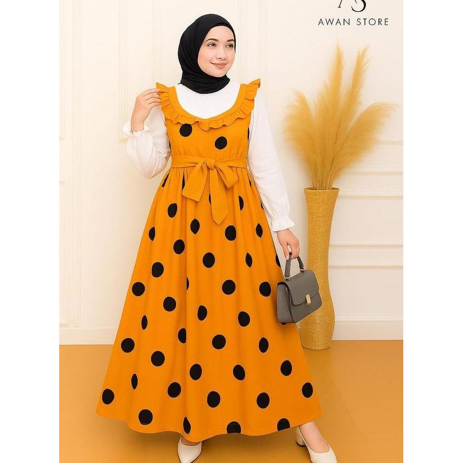 GAMIS  MUSLIMA WANITA REMPEL DADA JUMBO Motif Polkadot Kancing Muslim Casual Dress Panjang Maxi Baha