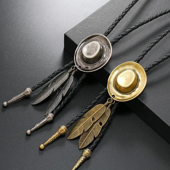 Bolo Tie Dasi Koboi Feather Hat Kalung Kulit Cowboy Topi Dan Men Vintage