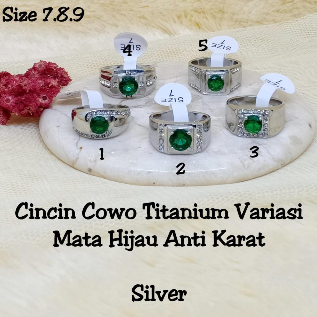 Cute- Cincin Titanium Batu Zircon Hijau Pria Cowok Silver Anti-Karat Super Keren Stainless Steel Cas