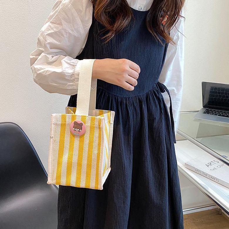 Good- Tote Bag Kanvas Import Motif Stripe 6627/ Lunch Bag Import Free Pin / Tas Souvenir Murah Impor