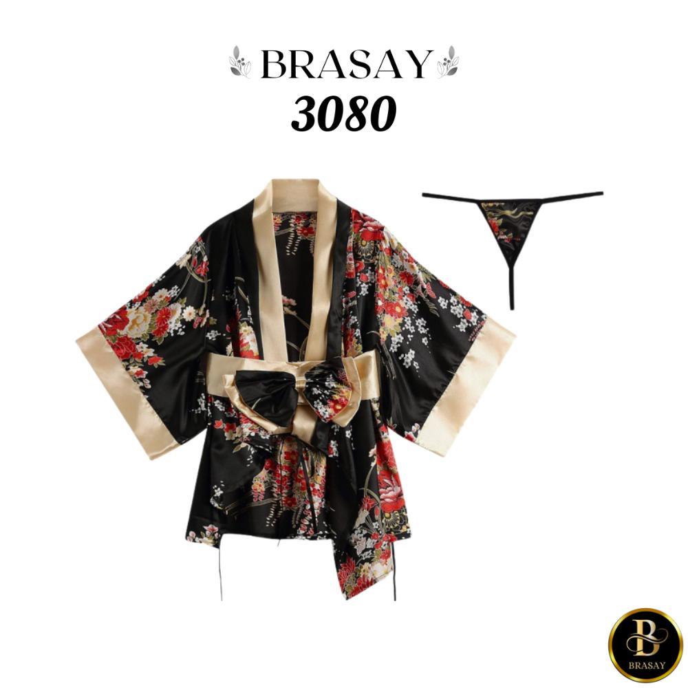 Brasay Kimono Jepang Cosplay Lingerie Bahan Satin Motif Bunga 3080