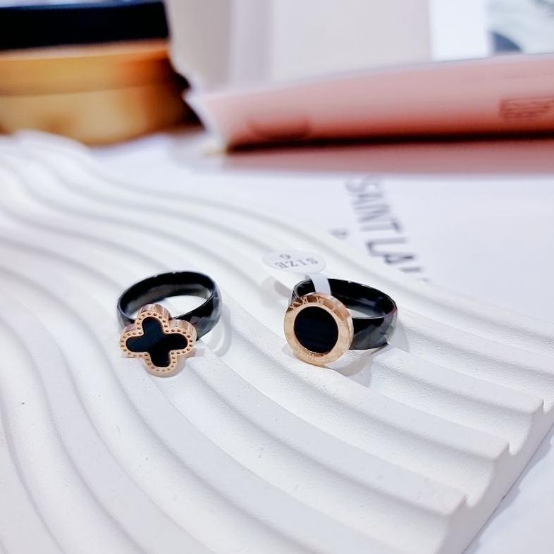 Cute- Cincin Wanita Daily Titanium Full Hitam Keramik 3Dimensi Anti Karatan