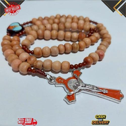 Kalung Rosario Cendana 77 Bapa Kami Kayu 8mm Katolik Aksesoris Souvenir Salib Pria Wanita Tali Murah
