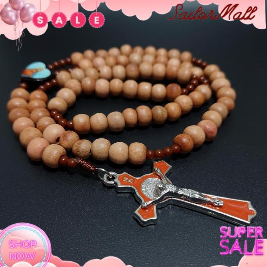 Kalung Rosario Cendana 77 Bapa Kami Kayu 8mm Katolik Aksesoris Souvenir Salib Pria Wanita Tali Murah