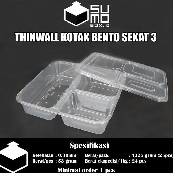 Good- Bento 3 Sekat + Tutup / Thinwall Bento Sekat / Box Kotak Nasi Plastik