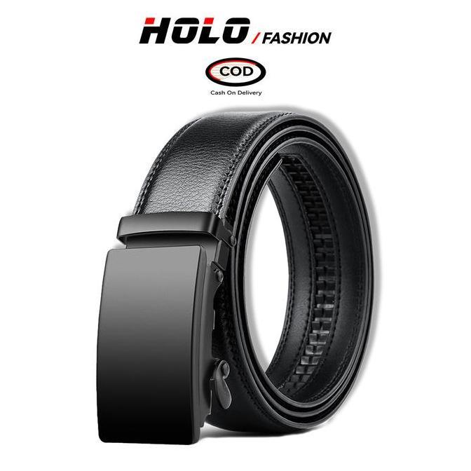 Yourp- Holo Gesper Lkat Pinggang Pria Kulit Hitam Buckle Besi Sabuk Otomatis Belt