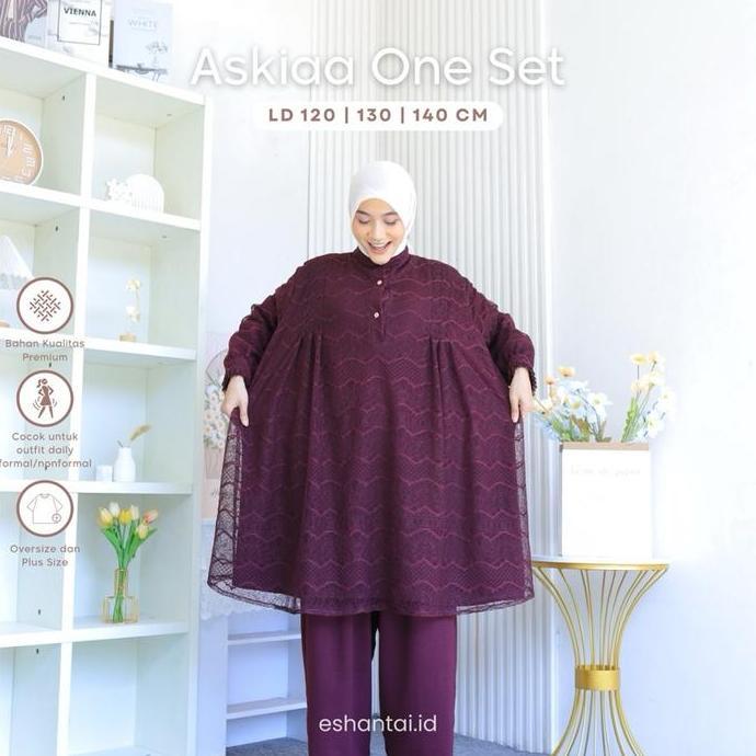 Eshantai Askia One Set Brokat Chantil Jumbo | Setelan Celana Mewah Busui Friendly Kondangan untuk Le