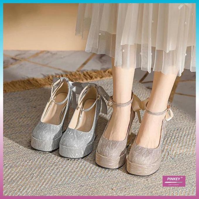 PROMO - PINKEY P371 Sepatu Wanita Woman Pumps Ankle Strap Mary Jane Heels Shoes Kekinian Putih High 
