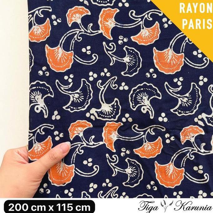 Kain Batik Cap Premium Solo Ginkgo Leaf Navy Orange RAYON PARIS