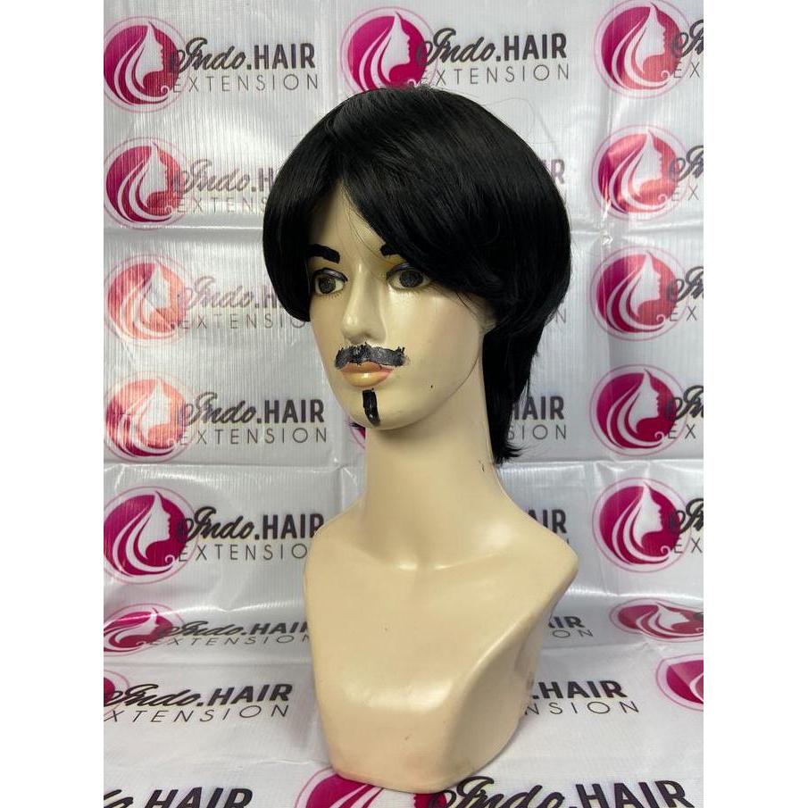 Wig Pria Rambut Mullet Pendek Warna Hitam Model Curtain Mullet