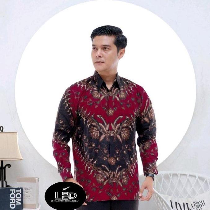 Baju batik Pria Lengan Panjang warna maroon Motif Yang Lagi Trend Viral M L XL XXL Hem Atasan Kantor