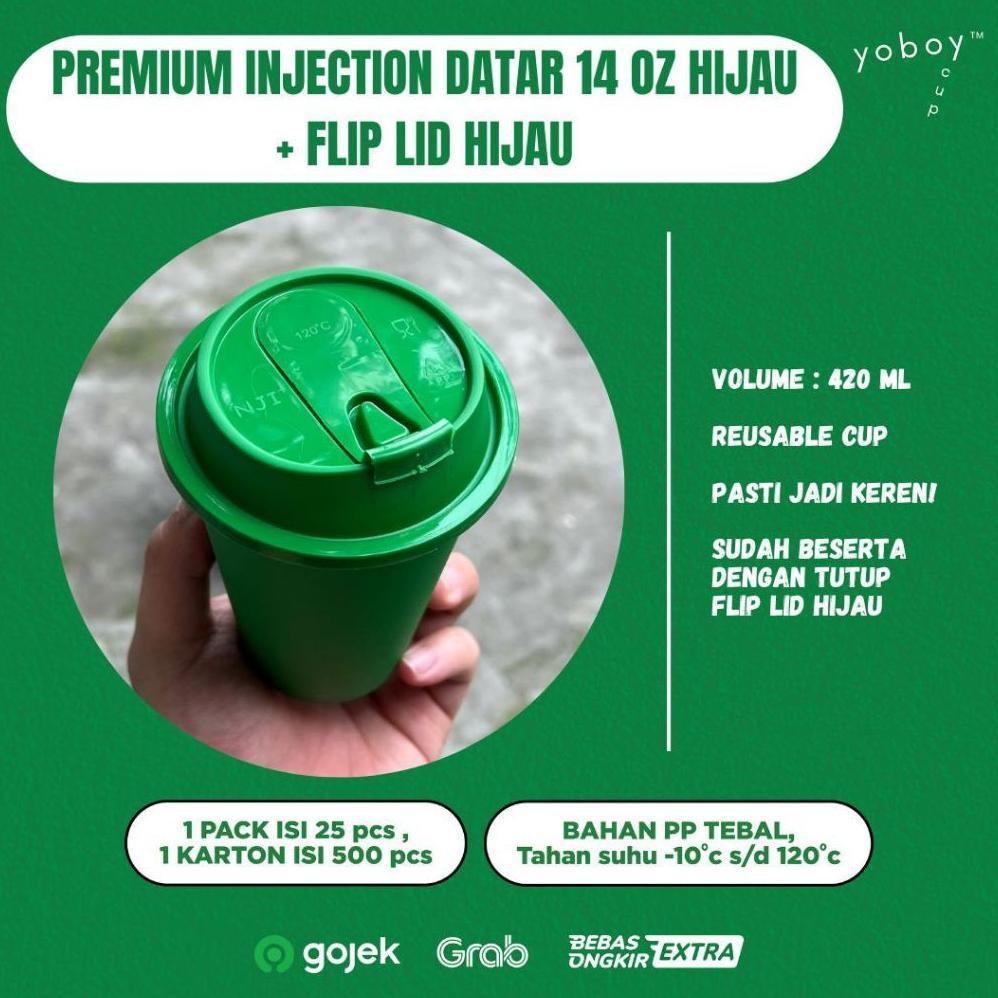 INJECTION PREMIUM CUP 14oz GREEN + FLIP LID HIJAU/ORANGE