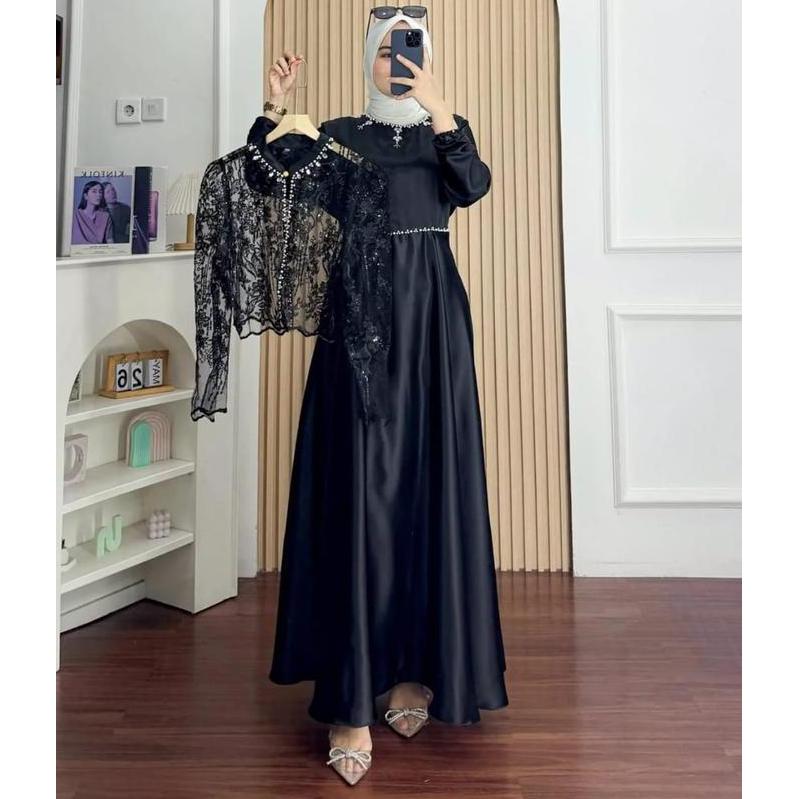 Gamis Pesta Terbaru Sakura Dress Bahan Sillk Aplikasi Brukat Mix Payet Mutiara Outher Brukat Terpisa