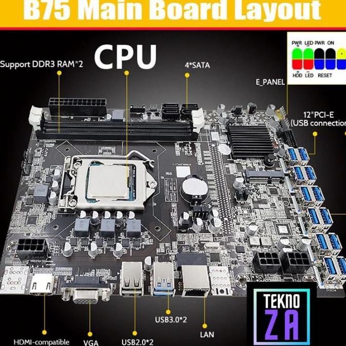 TERBARU - Mining Motherboard 12 VGA B75-USB 12 USB PCIE Slot + 2x 6pin PCIe ATX