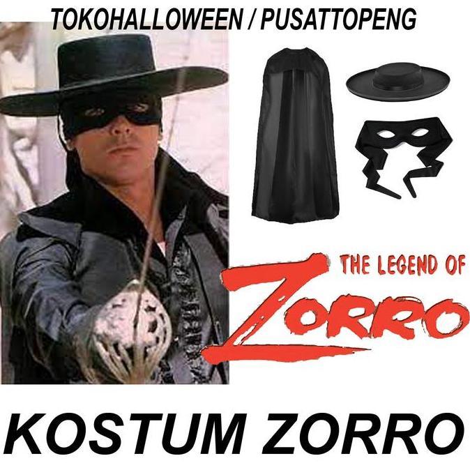 KOSTUM ZORRO SATU SET JUBAH TOPI TOPENG