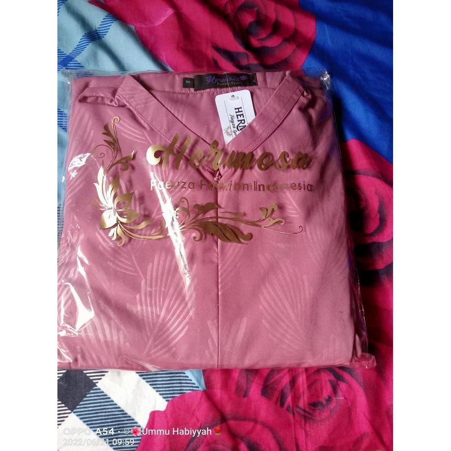 [Gamis Hermosa] Gamis Embos Hermosa Motif Daun Warna Pink-Gamis Dusty Pink- Kerah Muslim Dress Bunga