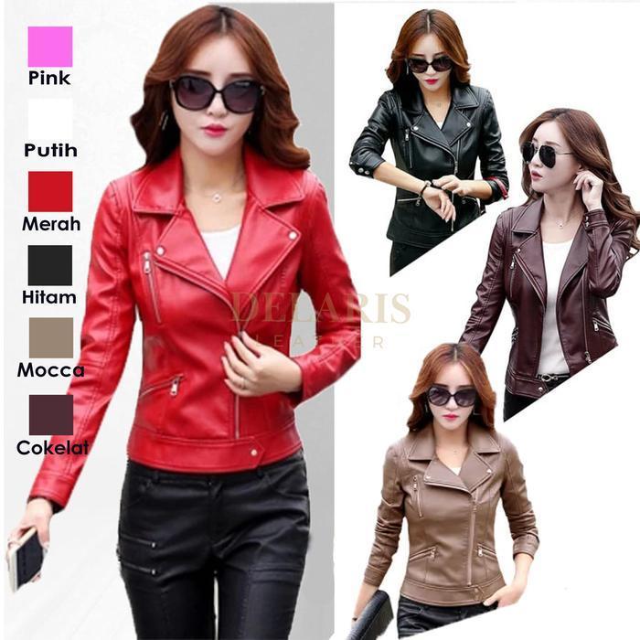 Delaris Jaket Kulit Wanita Korea Cute Pink Putih Mocca Cokelat Hitam Merah Panjang Semi Blazer Casua